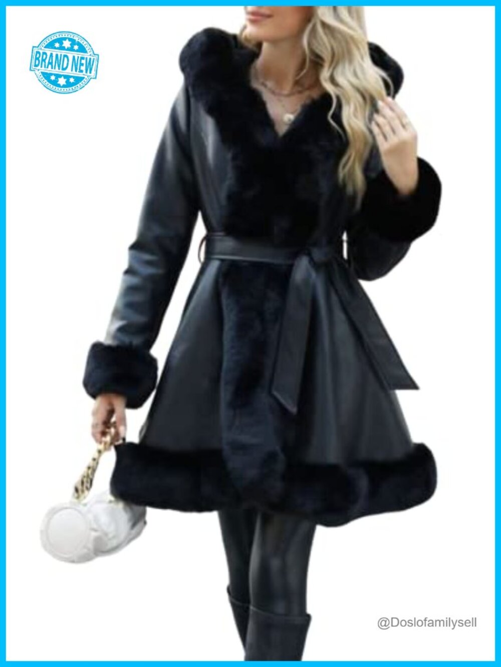Faux Leather Jacket Furry Trim Parka Coat Winter Long Sleeve Trench